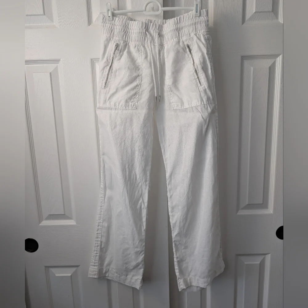 Athleta Cabo 100% Linen Wide Leg Pants Elastic waist Zip pockets, White, size 0 - Picture 9 of 15
